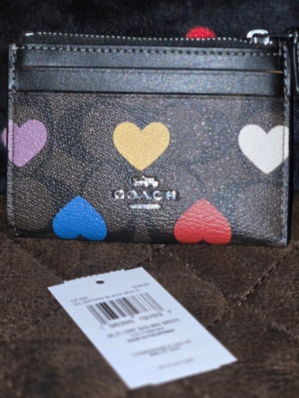 Coach Black Card Case with Multicolor Heart Print